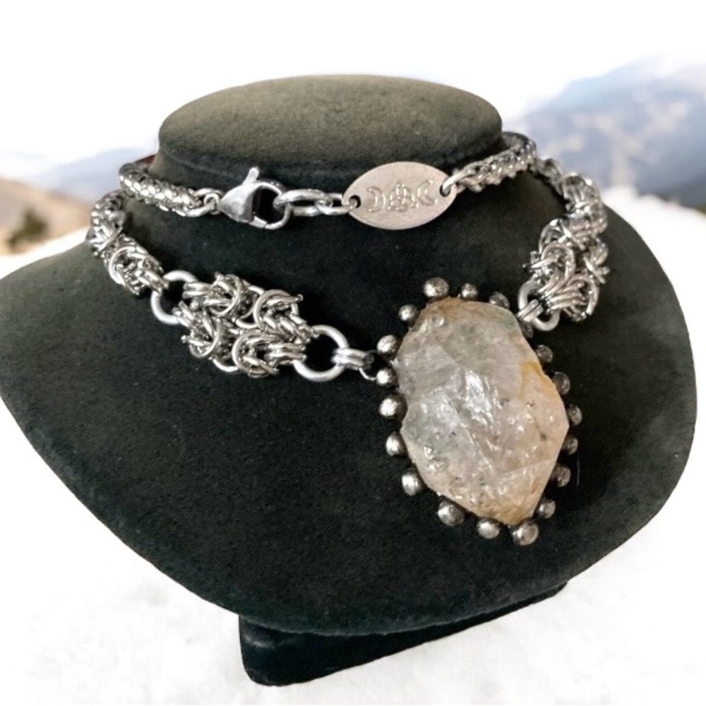 Big herkimer diamond crystal on handmade maille stainless steel chain boho goth